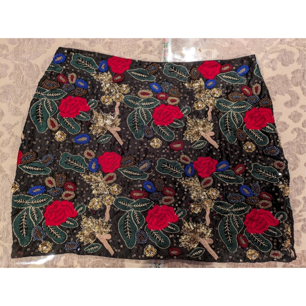 Boston Proper Floral Beaded Sequins Embroidery Chic Black Red Polyester Skirt 10